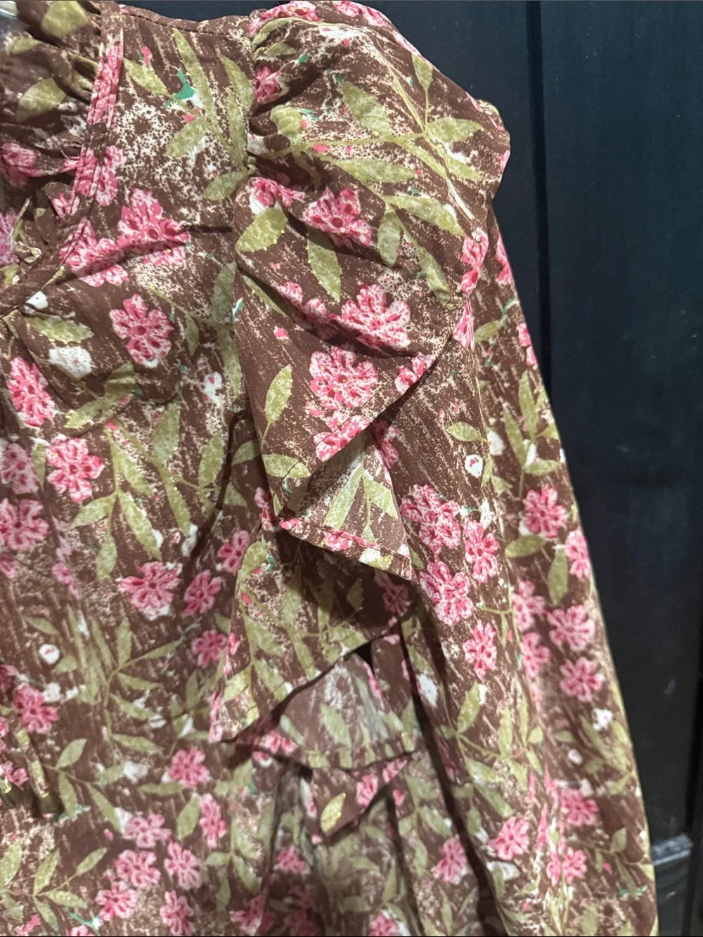 entro Floral Ruffle Tie-Neck Blouse in Brown & Pink - Picture 5 of 6